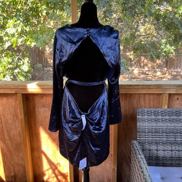 ASOS DESIGN Cowl Neck Mini Dress With Drape Skirt Blue Satin Size 14. NEW - Picture 7 of 15